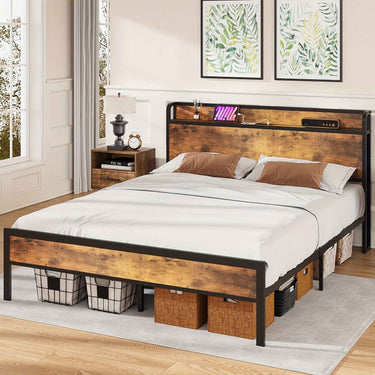 Advwin Double Bed / Queen Bed Frame with Industrial Storage Headboard, USB Charging Station, and Hardwood Accents